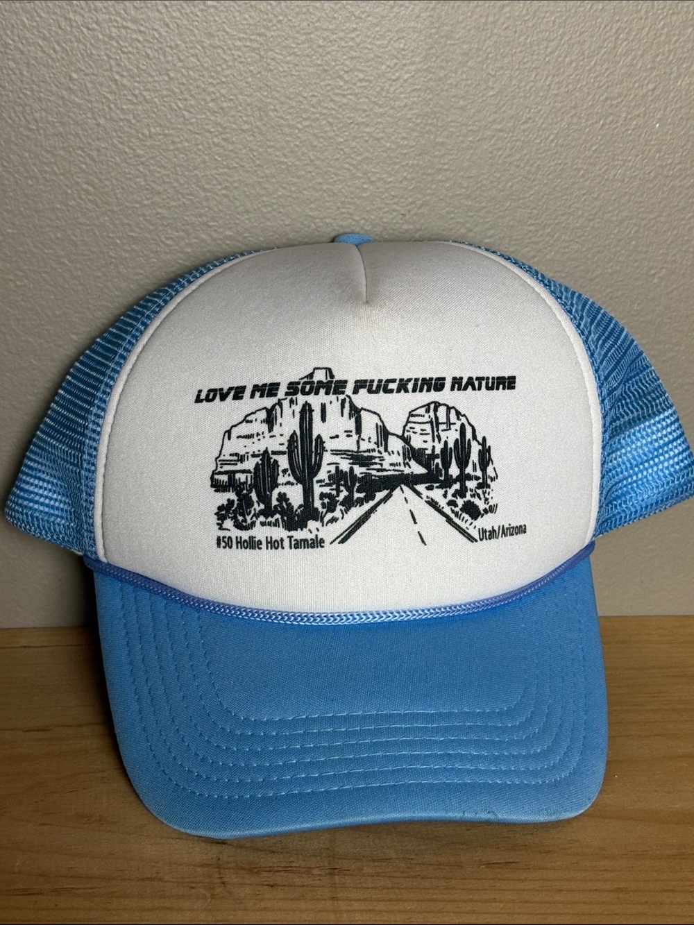 Light Blue and White Graphic Trucker Hat